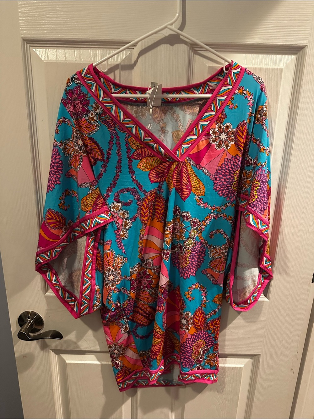 Trina Turk Women’s L Tunic Swim Cover Up Blue Pink Floral Kaftan NWOT